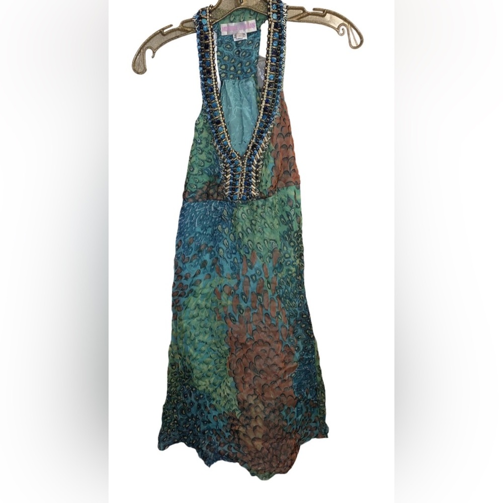Monique Leshman Size P Green Rhinestone Beaded  Peacock Women’s Tunic Dress Sz P